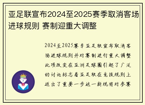 亚足联宣布2024至2025赛季取消客场进球规则 赛制迎重大调整